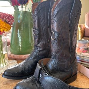 Men's Black Leather Cowboy Boots and Belt